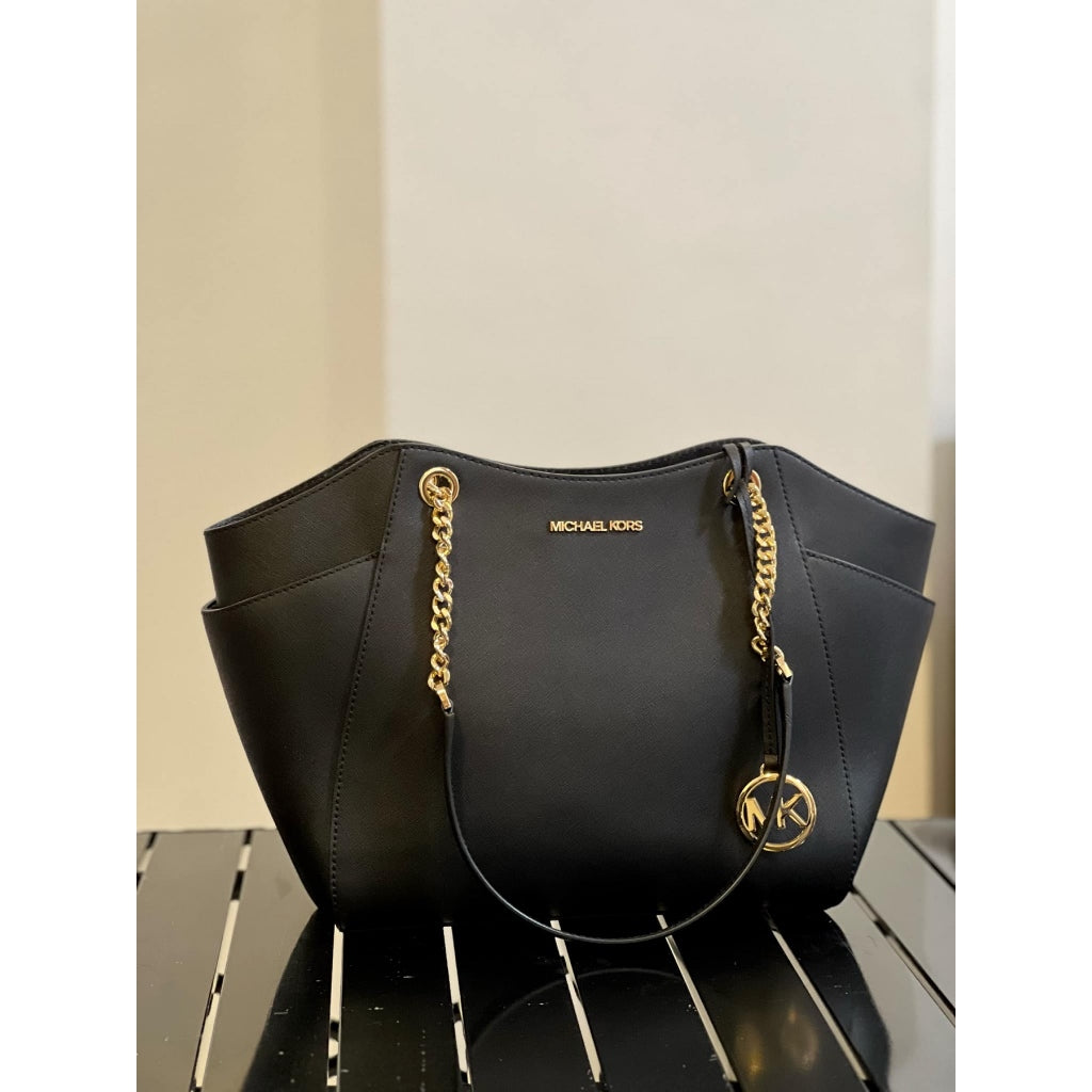 ORIG MK Jet Set Large Saffiano Chain Shoulder Tote Bag Black