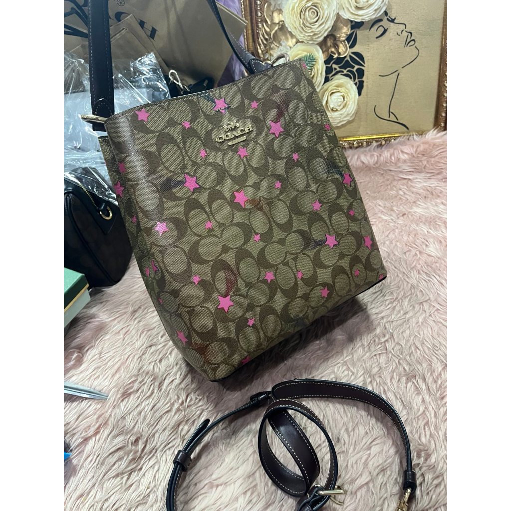 ORIG Preloved CCH Town Bucket Bag In Signature Canvas With Star Print Brown Bag