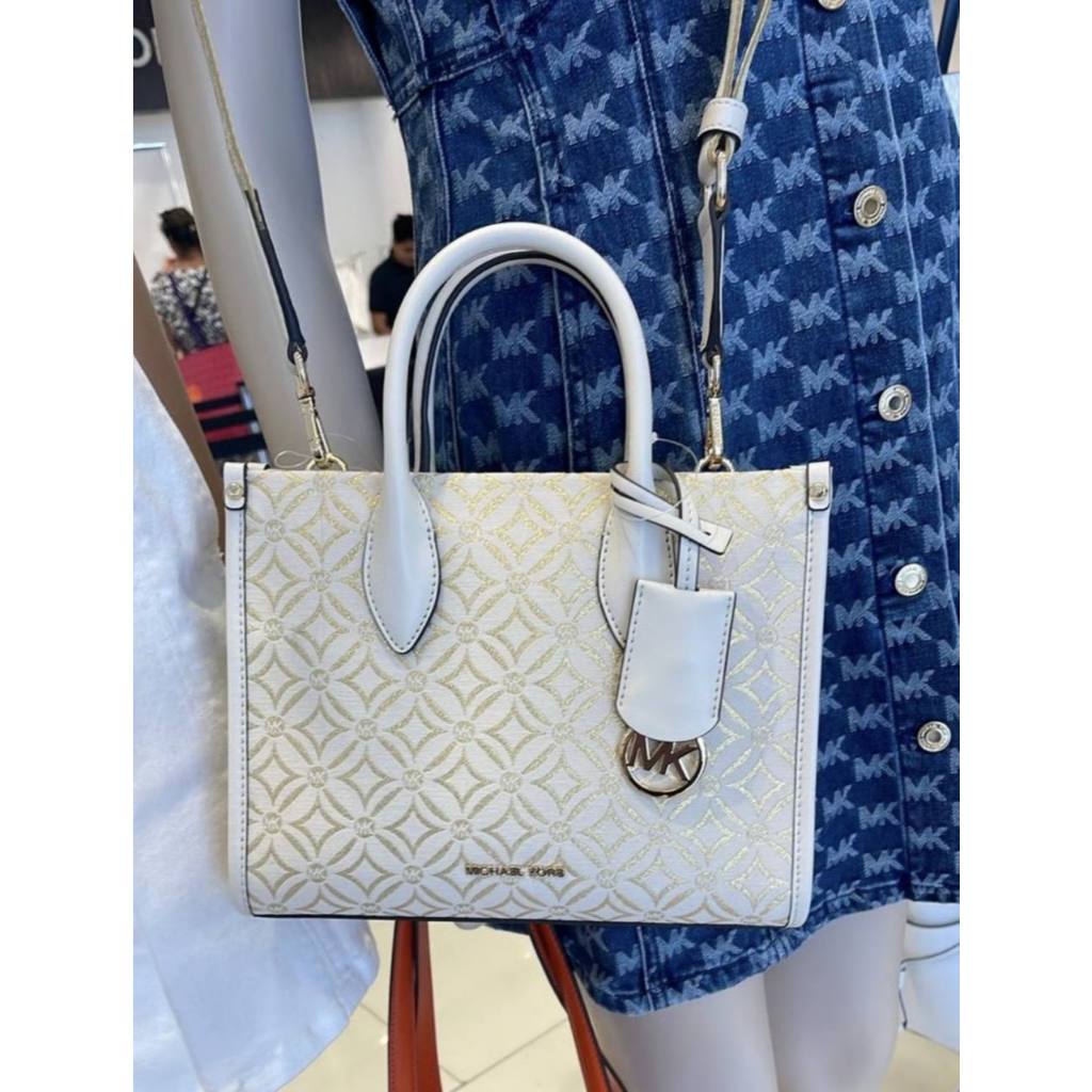 ORIG & IMPORTED MK Small Mirella Satchel Bag Graphic Logo Glitter Ivory White