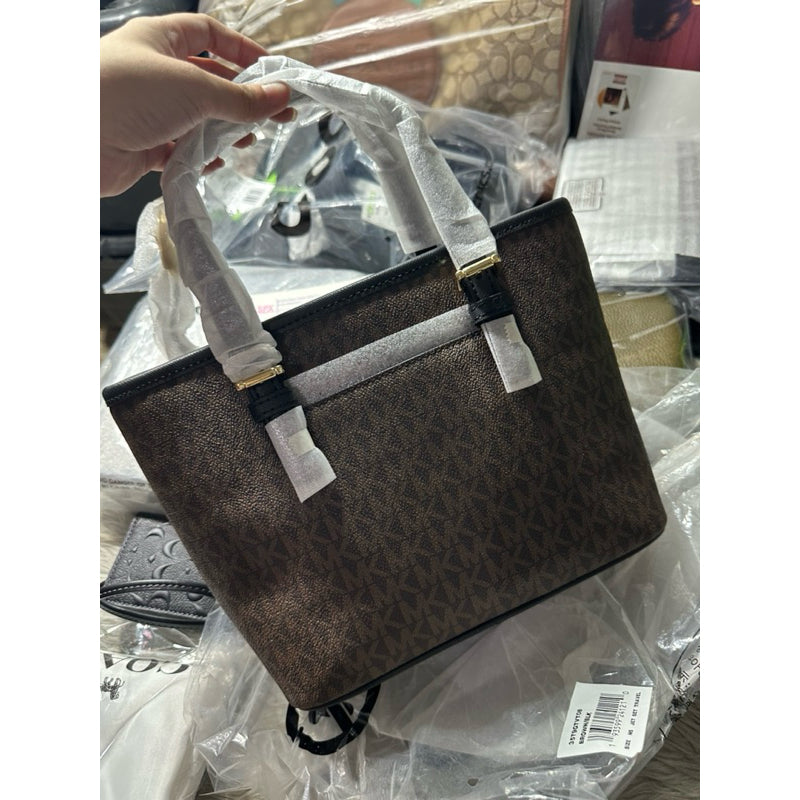 ORIG & IMPORTED MK Jet Set Travel Extra-Small Logo Top-Zip Tote Bag in Brown/Black