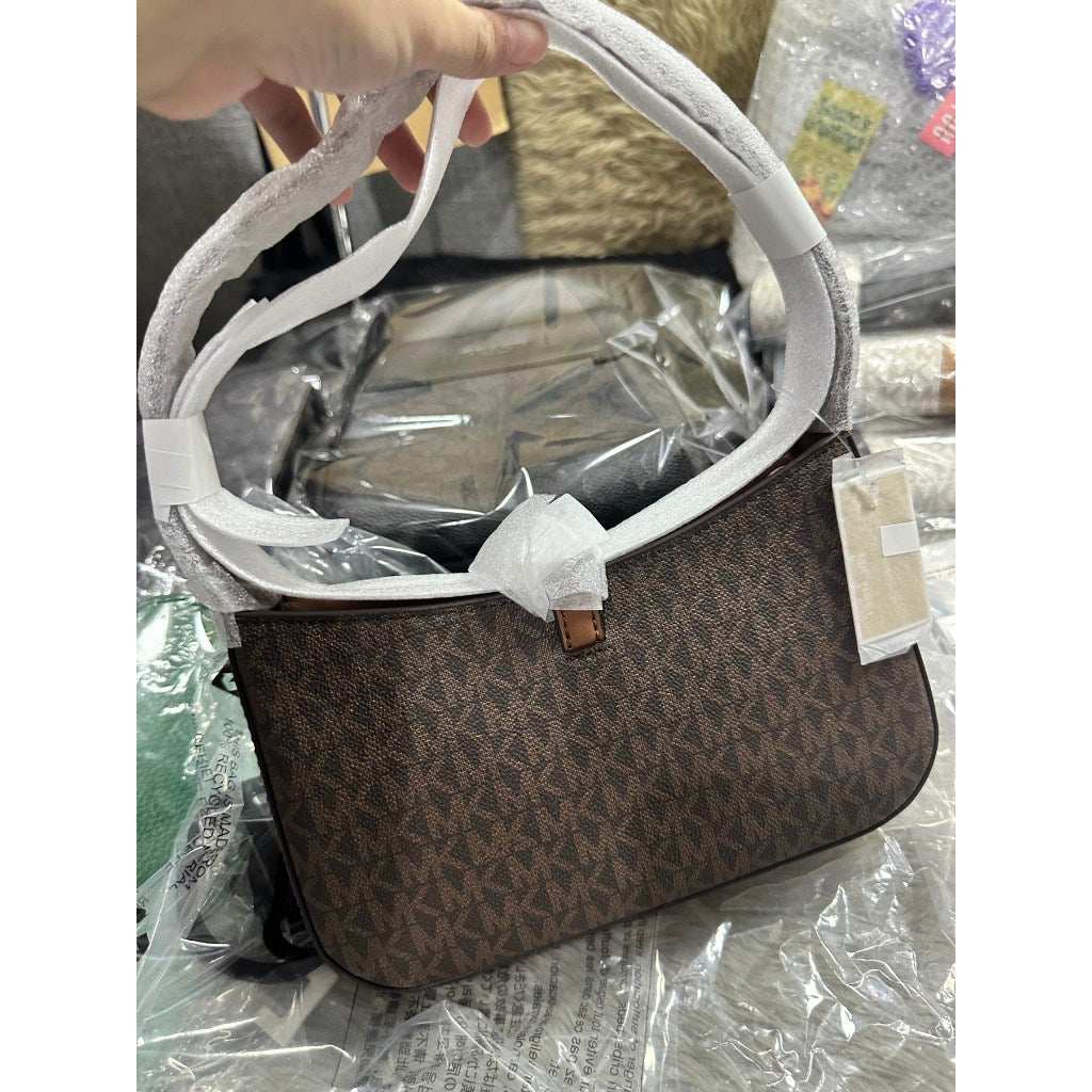 ORIG & IMPORTED MK Lyra Small Zip Pouchette Shoulder Hand Bag Brown White