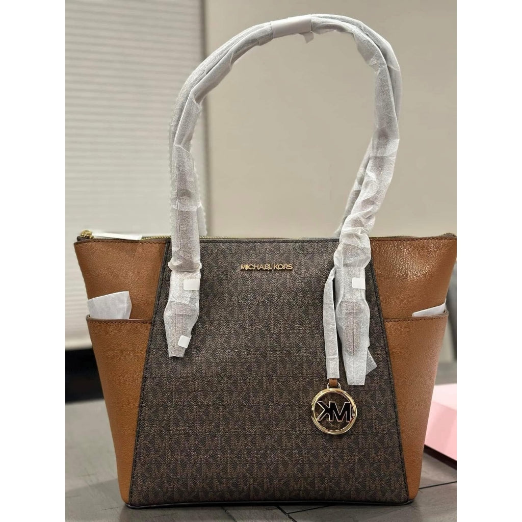 ORIG & IMPORTED MK Charlotte Large Logo and Leather Top-Zip Tote Bag Brown White Black