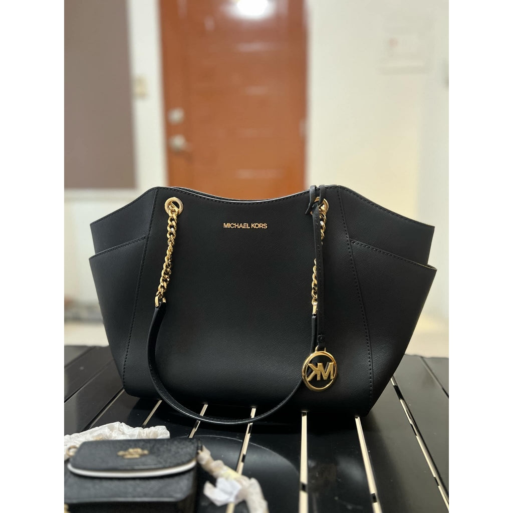 ORIG MK Jet Set Large Saffiano Chain Shoulder Tote Bag Black