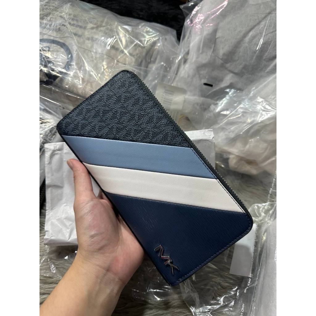 ORIG & IMPORTED MK Cooper Logo and Striped Smartphone Men's Long Wallet Blue