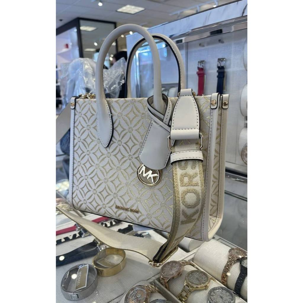 ORIG & IMPORTED MK Small Mirella Satchel Bag Graphic Logo Glitter Ivory White