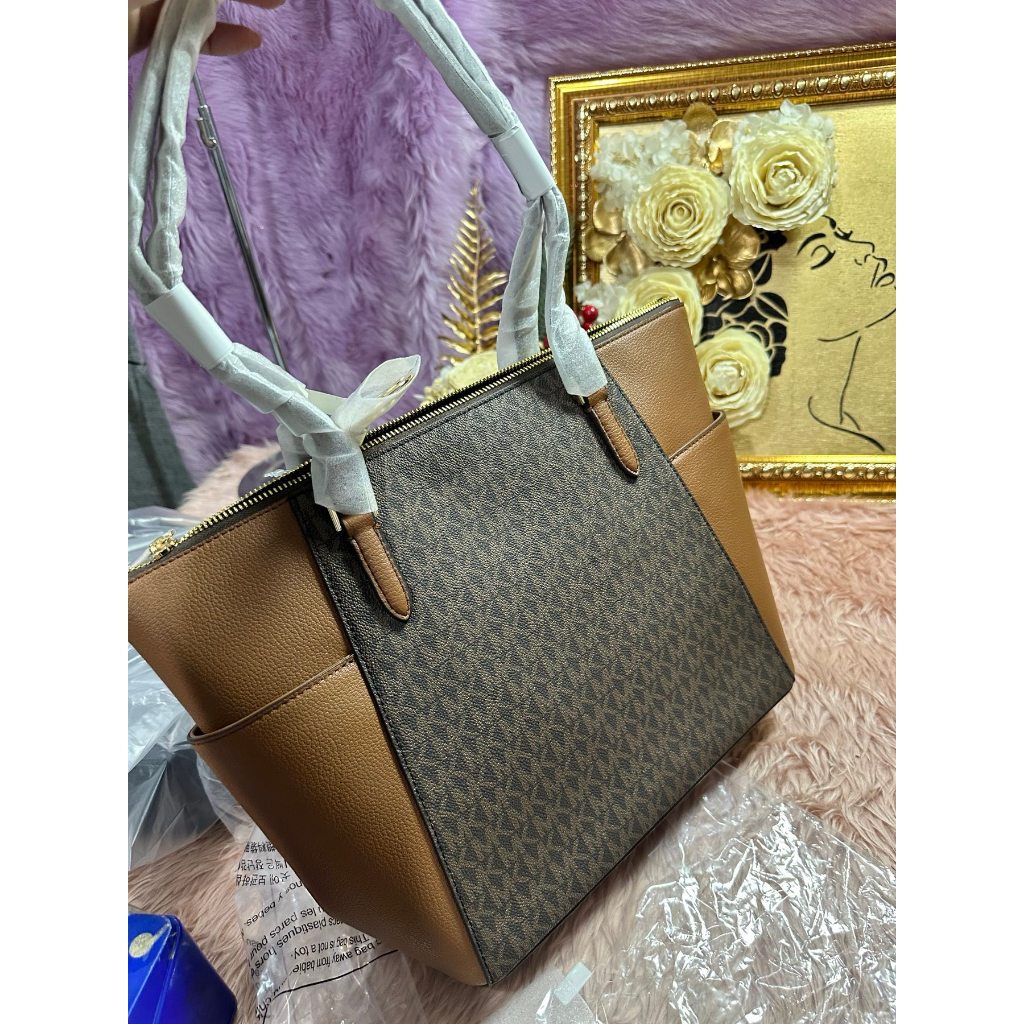 ORIG & IMPORTED MK Charlotte Large Logo and Leather Top-Zip Tote Bag Brown White Black
