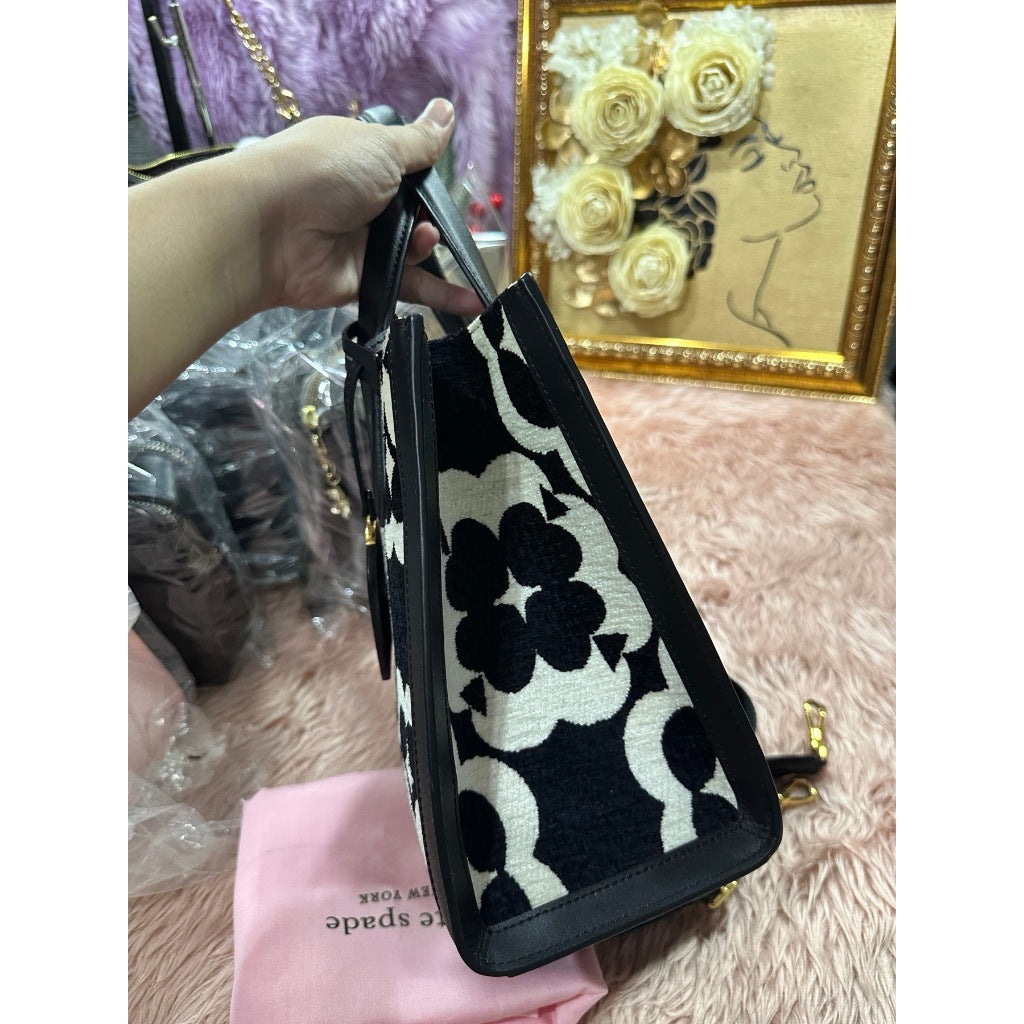 ORIG Preloved KS Retail Spade Flower Monogram Manhattan Chenille Small Tote Black Bag