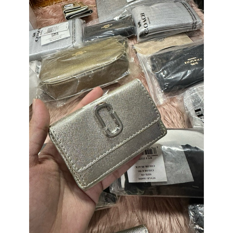 ORIG & IMPORTED WITH FLAW MJ The Snapshot Mini Trifold Wallet in Metallic Silver