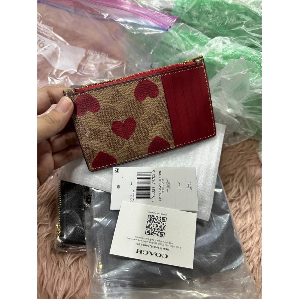 ORIG & IMPORTED CCH Zip Card Case In Signature Canvas With Heart Print Brown Wallet