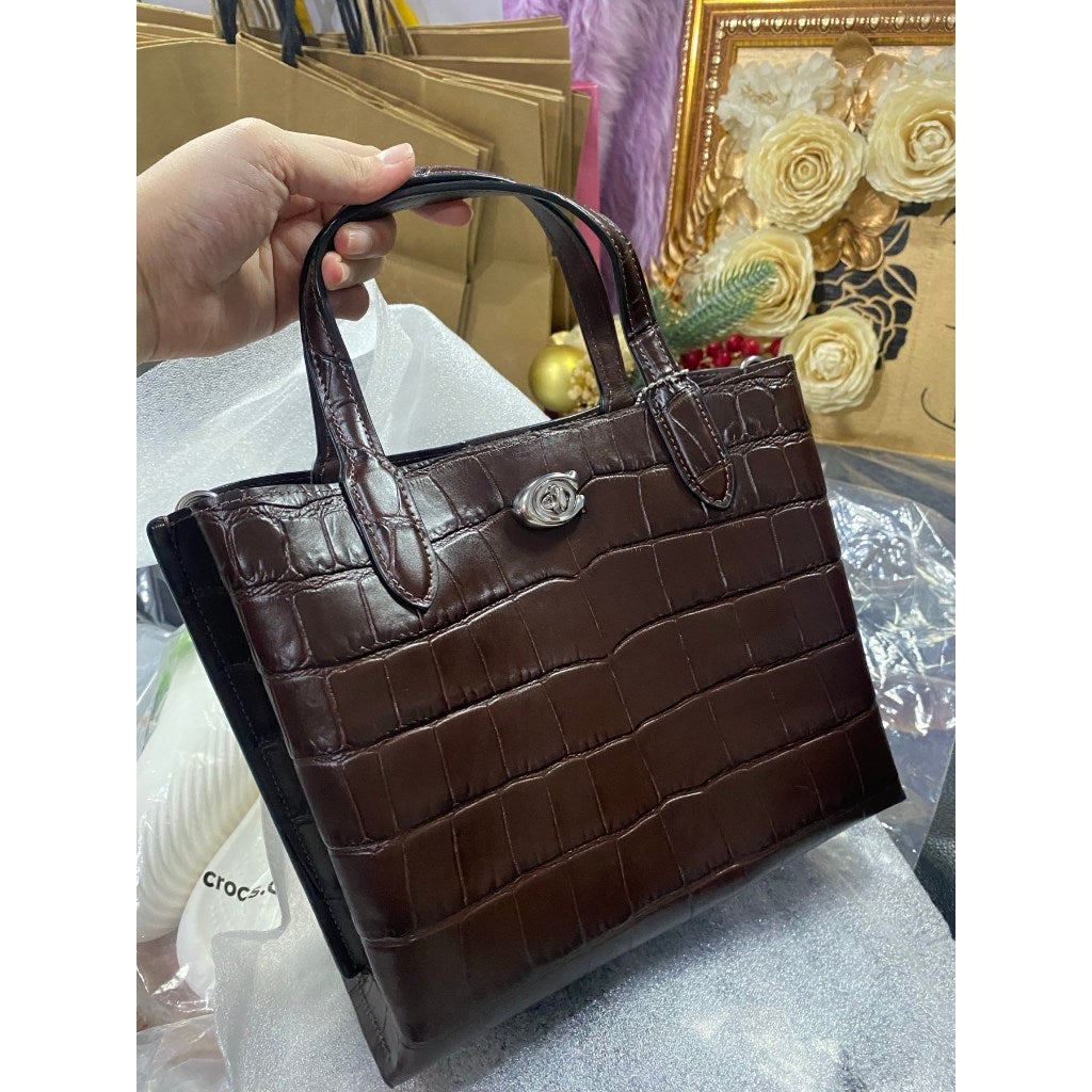 ORIG & IMPORTED CCH Retail Willow 24 Tote Bag in Croc-embossed Leather Maroon Maple Brown