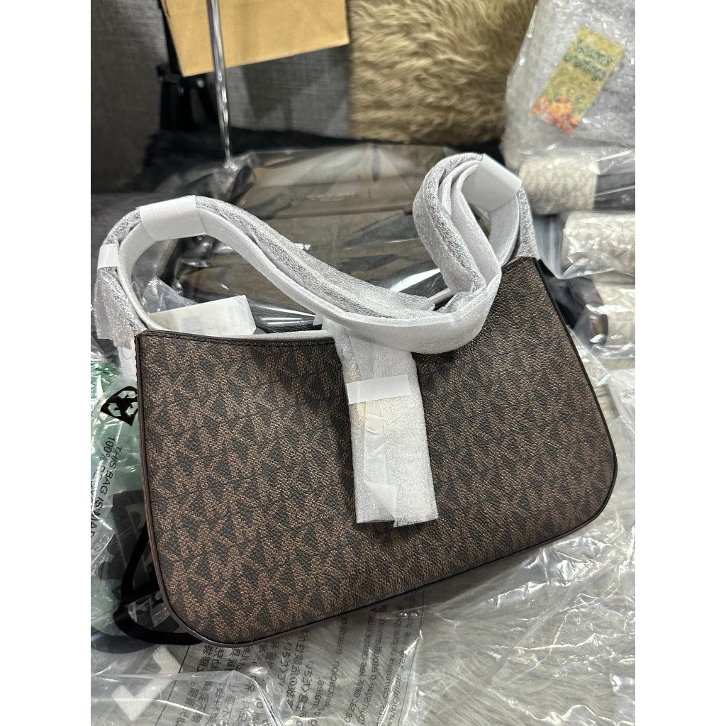 ORIG & IMPORTED MK Lyra Small Zip Pouchette Shoulder Hand Bag Brown White