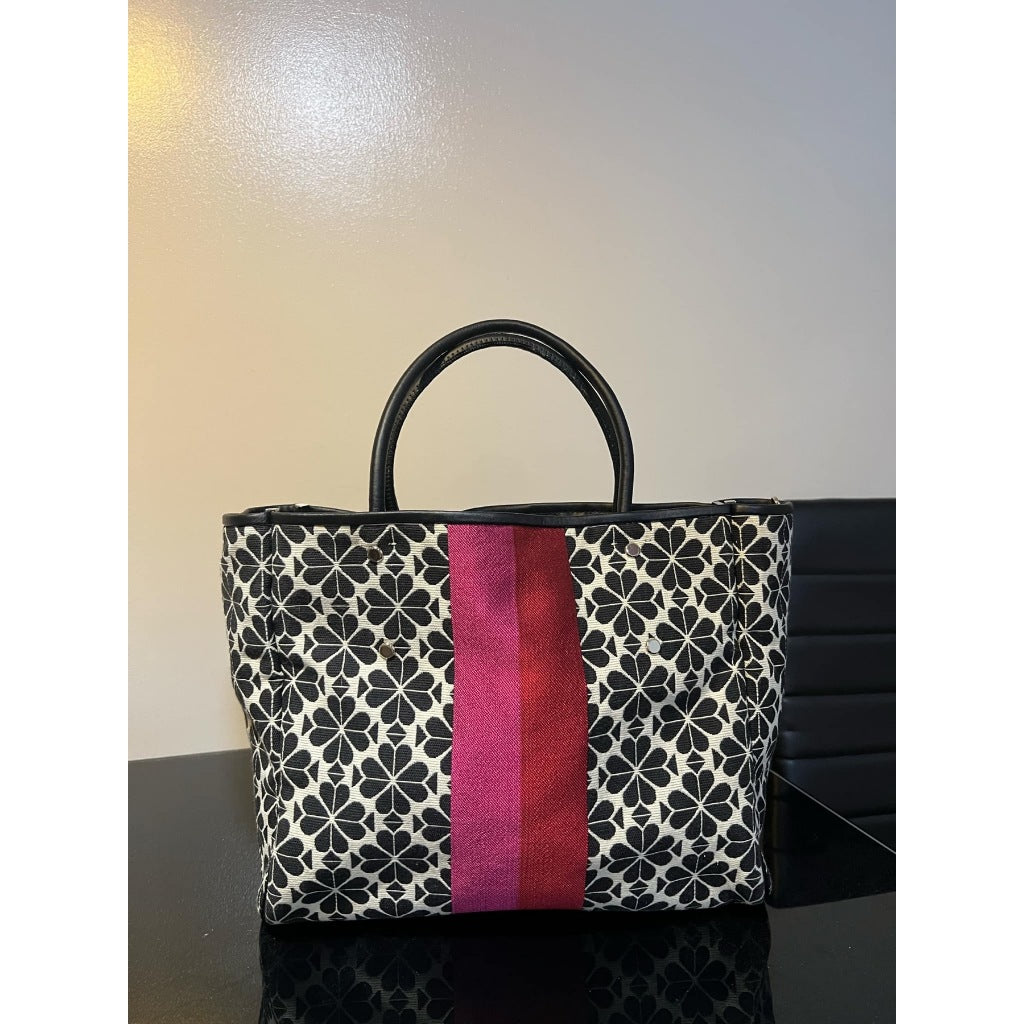 ORIG Preloved KS Retail Spade Flower Jacquard Everything Stripe Medium Tote Pink Black Bag