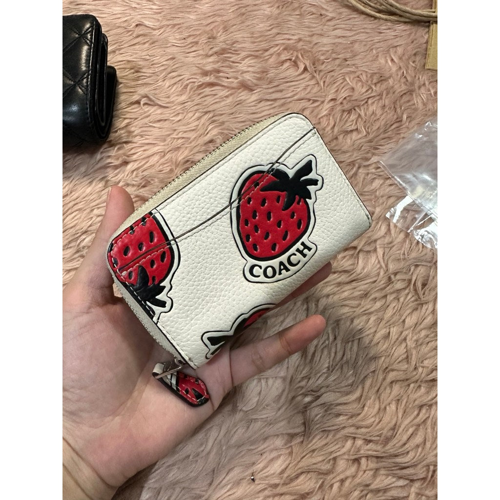 ORIG Preloved Retail CCH Small Strawberry-Print Zip-Around Leather Card Case White Wallet