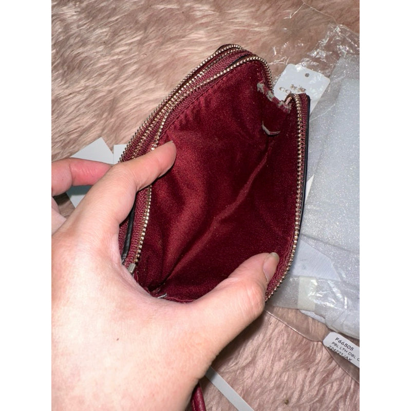 ORIG & IMPORTED WITH FLAW CCH Pebbled Leather Double Corner Zip Wristlet Wallet Maroon Red