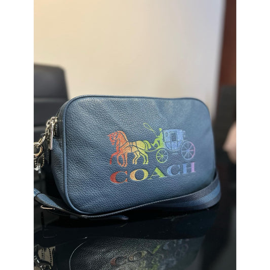 ORIG Preloved CCH Jes Crossbody Medium Double Zip Crossbody Blue Bag with Horse And Carriage
