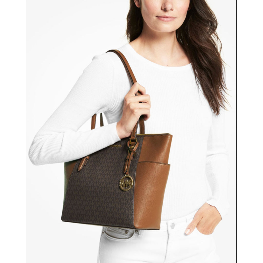 ORIG Preloved MK Charlotte Large Logo and Leather Top-Zip Tote Bag Brown