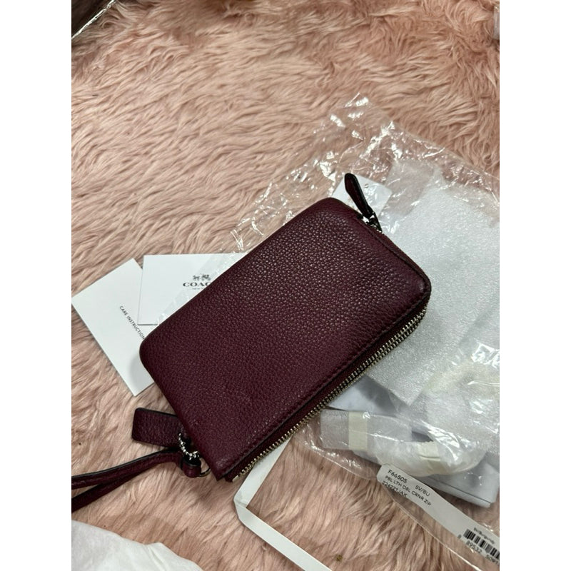 ORIG & IMPORTED WITH FLAW CCH Pebbled Leather Double Corner Zip Wristlet Wallet Maroon Red