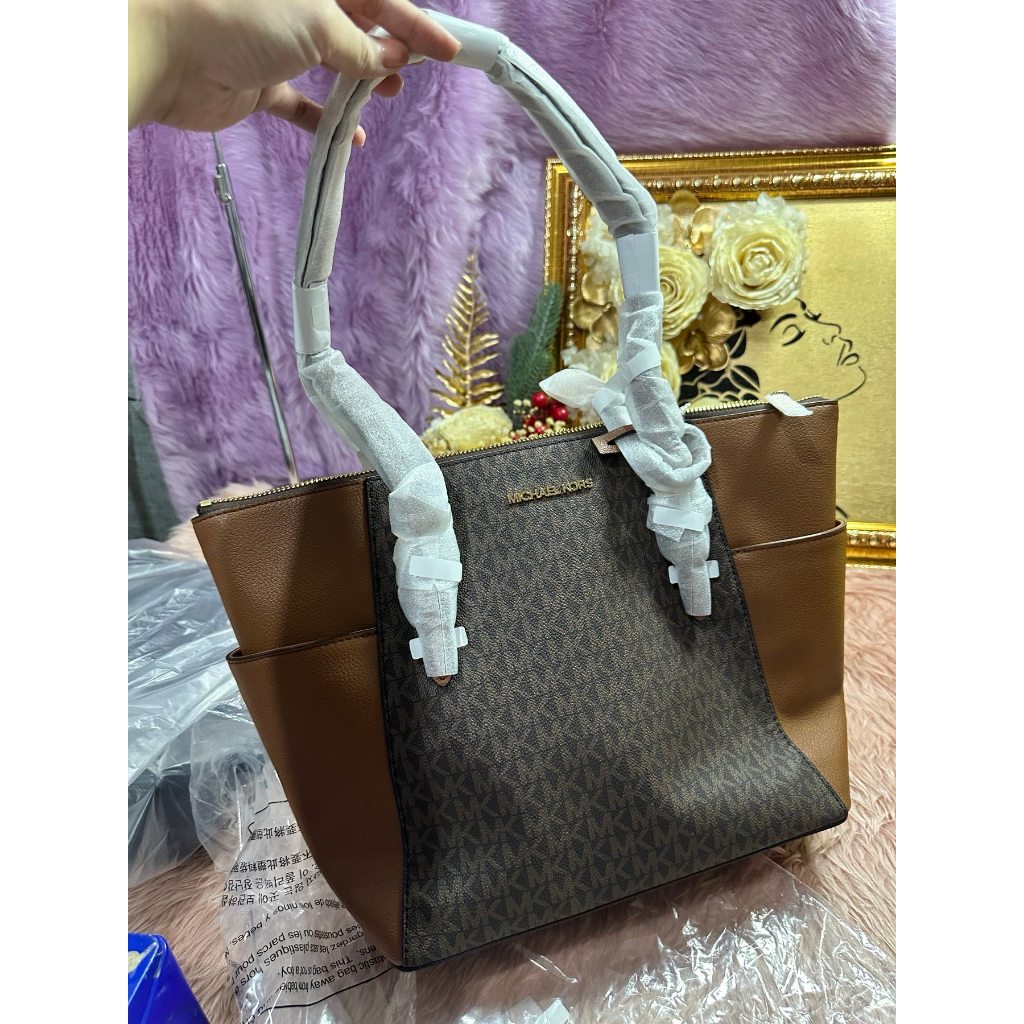 ORIG & IMPORTED MK Charlotte Large Logo and Leather Top-Zip Tote Bag Brown White Black