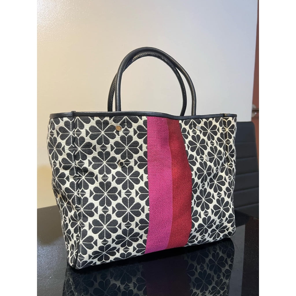 ORIG Preloved KS Retail Spade Flower Jacquard Everything Stripe Medium Tote Pink Black Bag