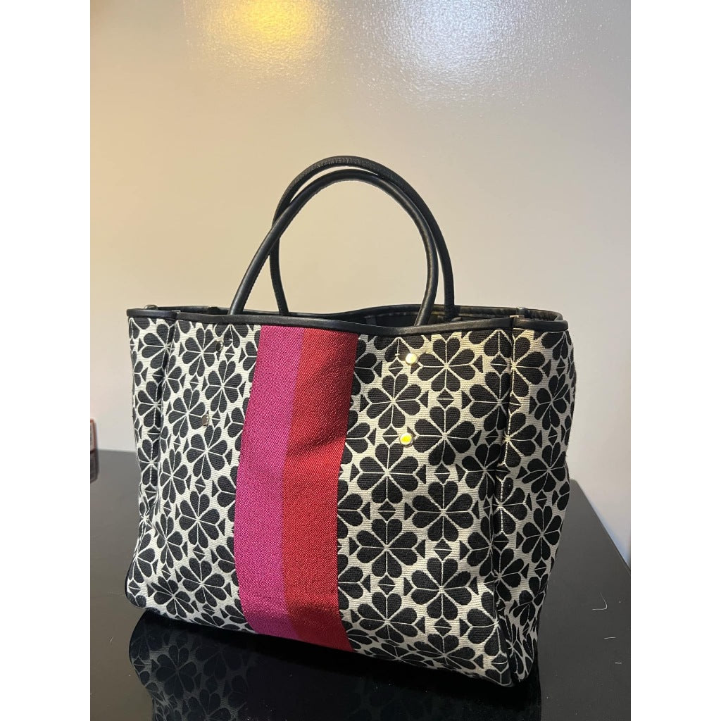 ORIG Preloved KS Retail Spade Flower Jacquard Everything Stripe Medium Tote Pink Black Bag