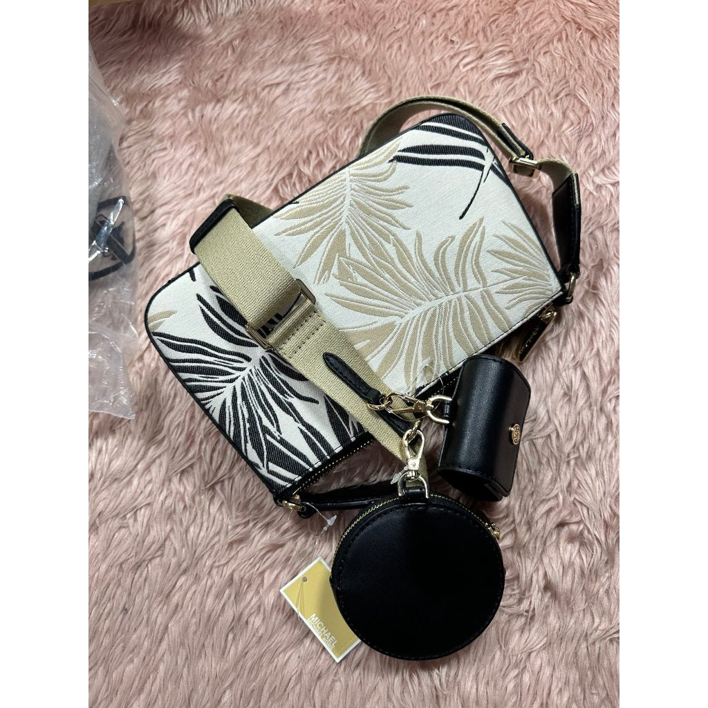 ORIG & IMPORTED MK Jet Set Crossbody Tech Accessories Attached Black Multi Palm Leaves