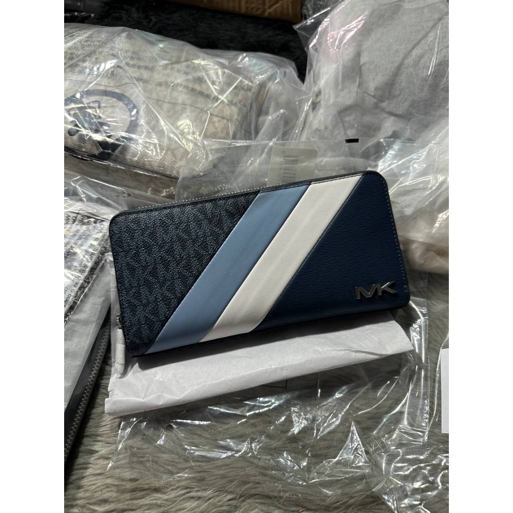 ORIG & IMPORTED MK Cooper Logo and Striped Smartphone Men's Long Wallet Blue