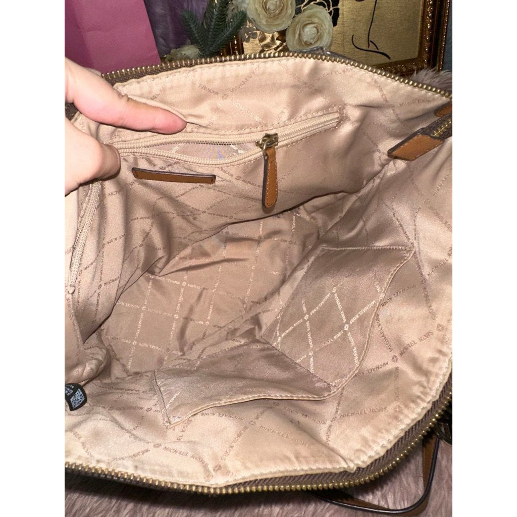 ORIG Preloved MK Charlotte Large Logo and Leather Top-Zip Tote Bag Brown