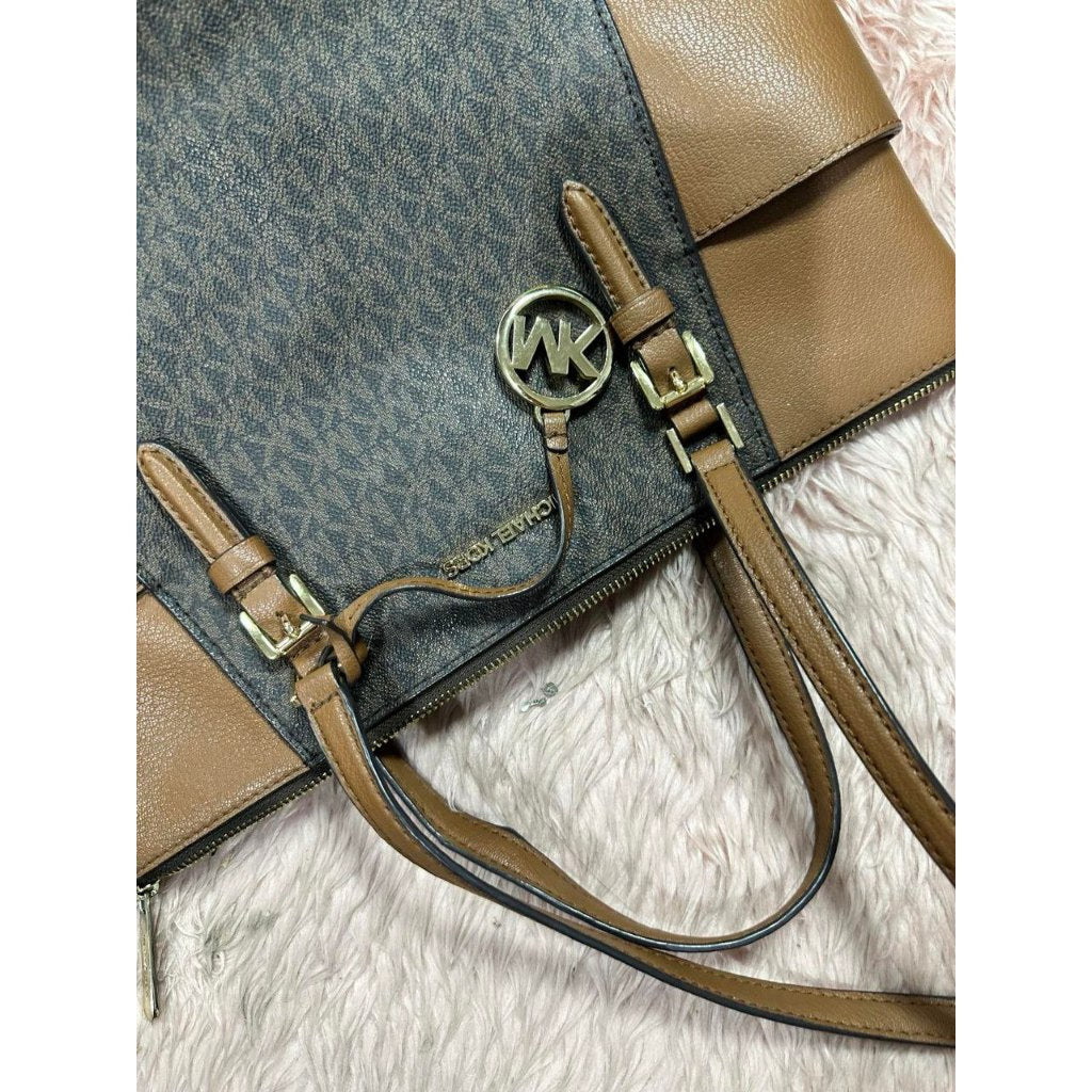 ORIG Preloved MK Charlotte Large Logo and Leather Top-Zip Tote Bag Brown