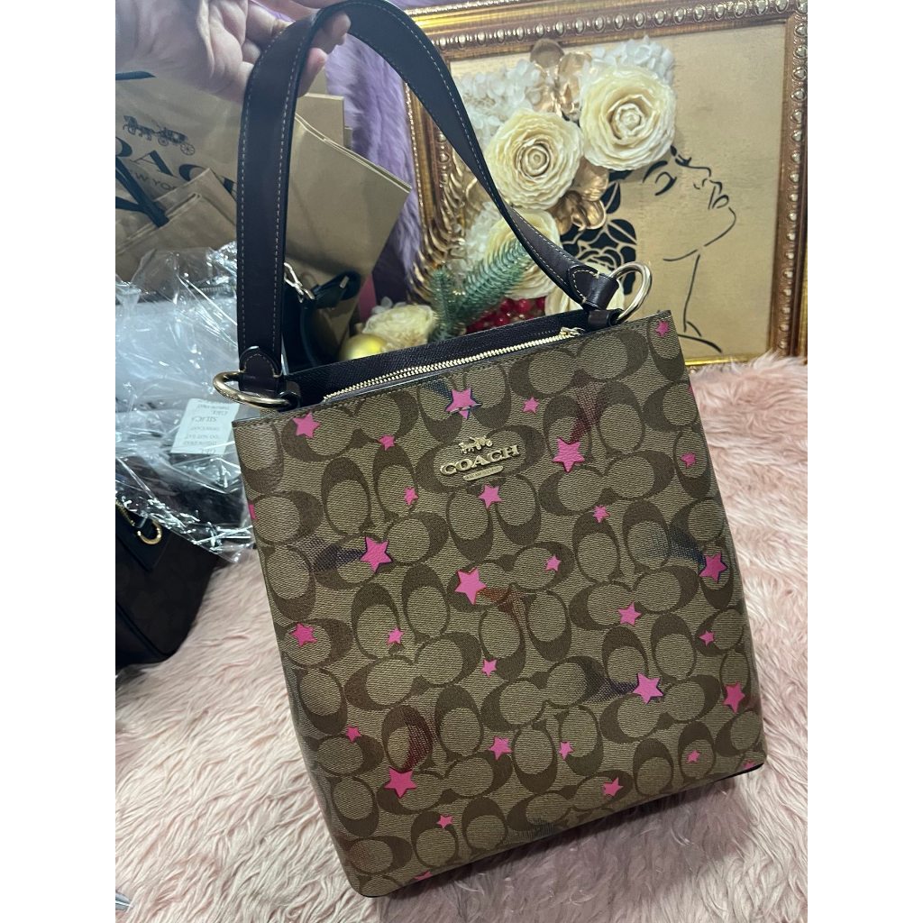 ORIG Preloved CCH Town Bucket Bag In Signature Canvas With Star Print Brown Bag