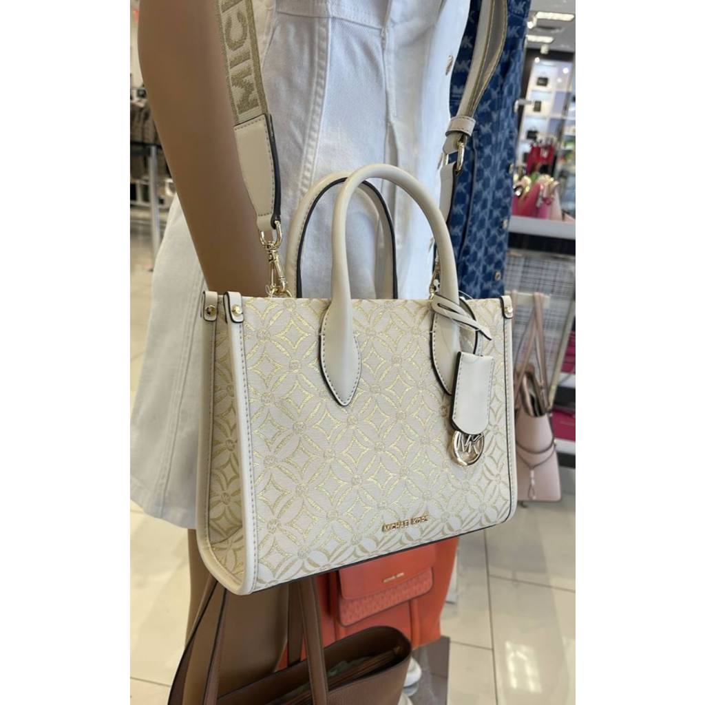 ORIG & IMPORTED MK Small Mirella Satchel Bag Graphic Logo Glitter Ivory White