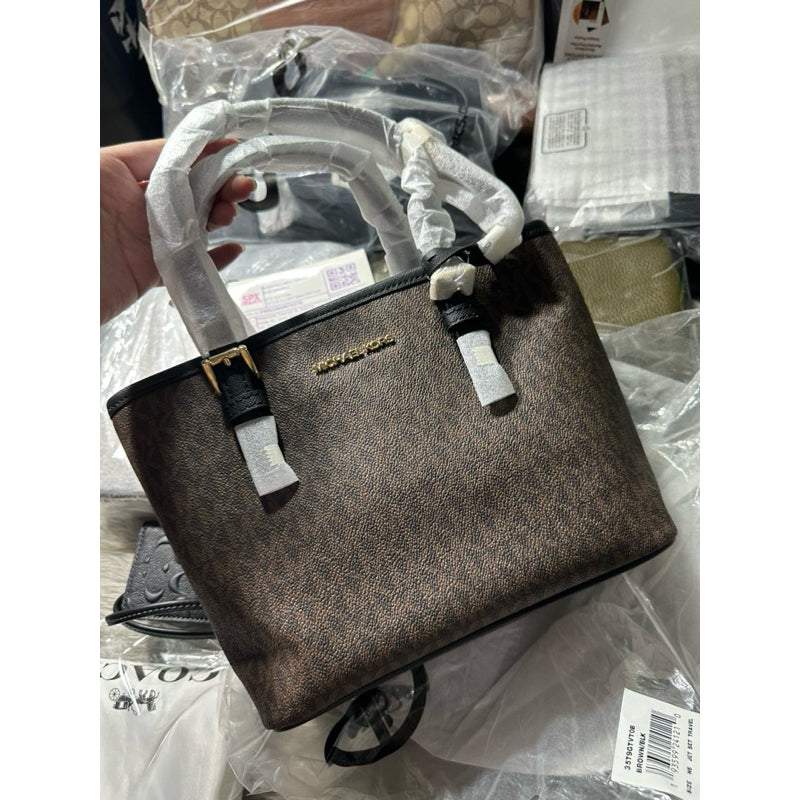 ORIG & IMPORTED MK Jet Set Travel Extra-Small Logo Top-Zip Tote Bag in Brown/Black