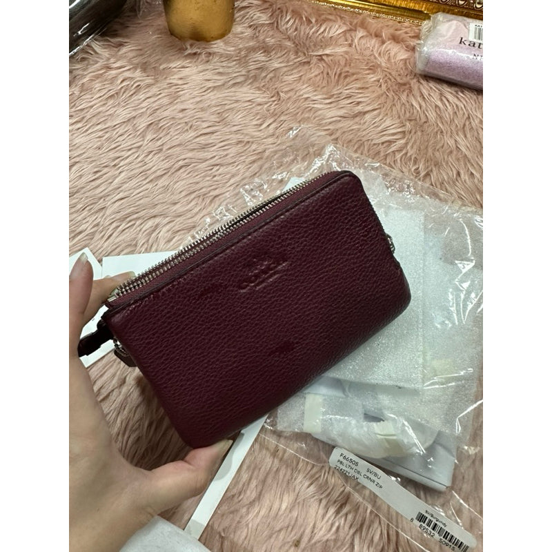 ORIG & IMPORTED WITH FLAW CCH Pebbled Leather Double Corner Zip Wristlet Wallet Maroon Red