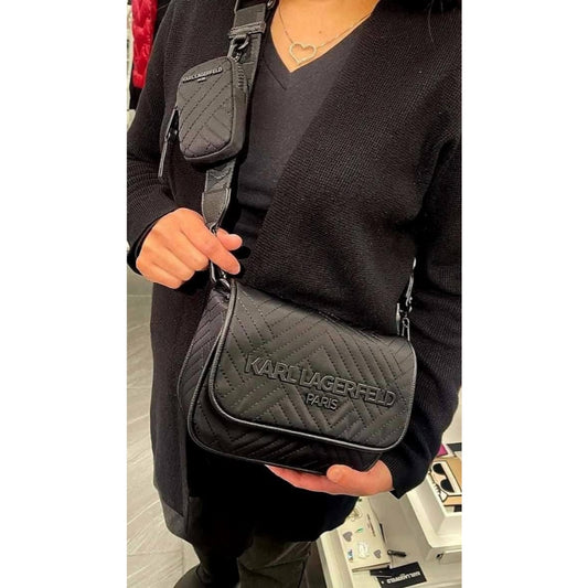 ORIG & IMPORTED Karl Lagerfeld KL Voyage Quilted Camera Black Bag with Pouch