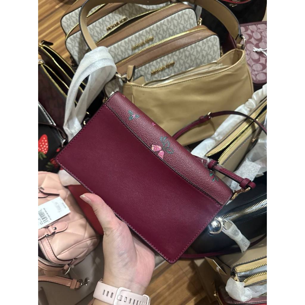 ORIG & IMPORTED CCH Anna Foldover Clutch Bag With Bells Print in Maroon Cherry