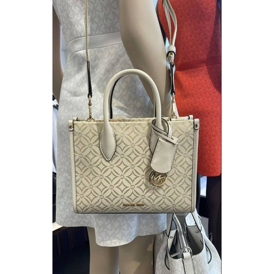ORIG & IMPORTED MK Small Mirella Satchel Bag Graphic Logo Glitter Ivory White