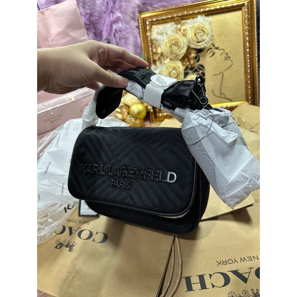 ORIG & IMPORTED Karl Lagerfeld KL Voyage Quilted Camera Black Bag with Pouch