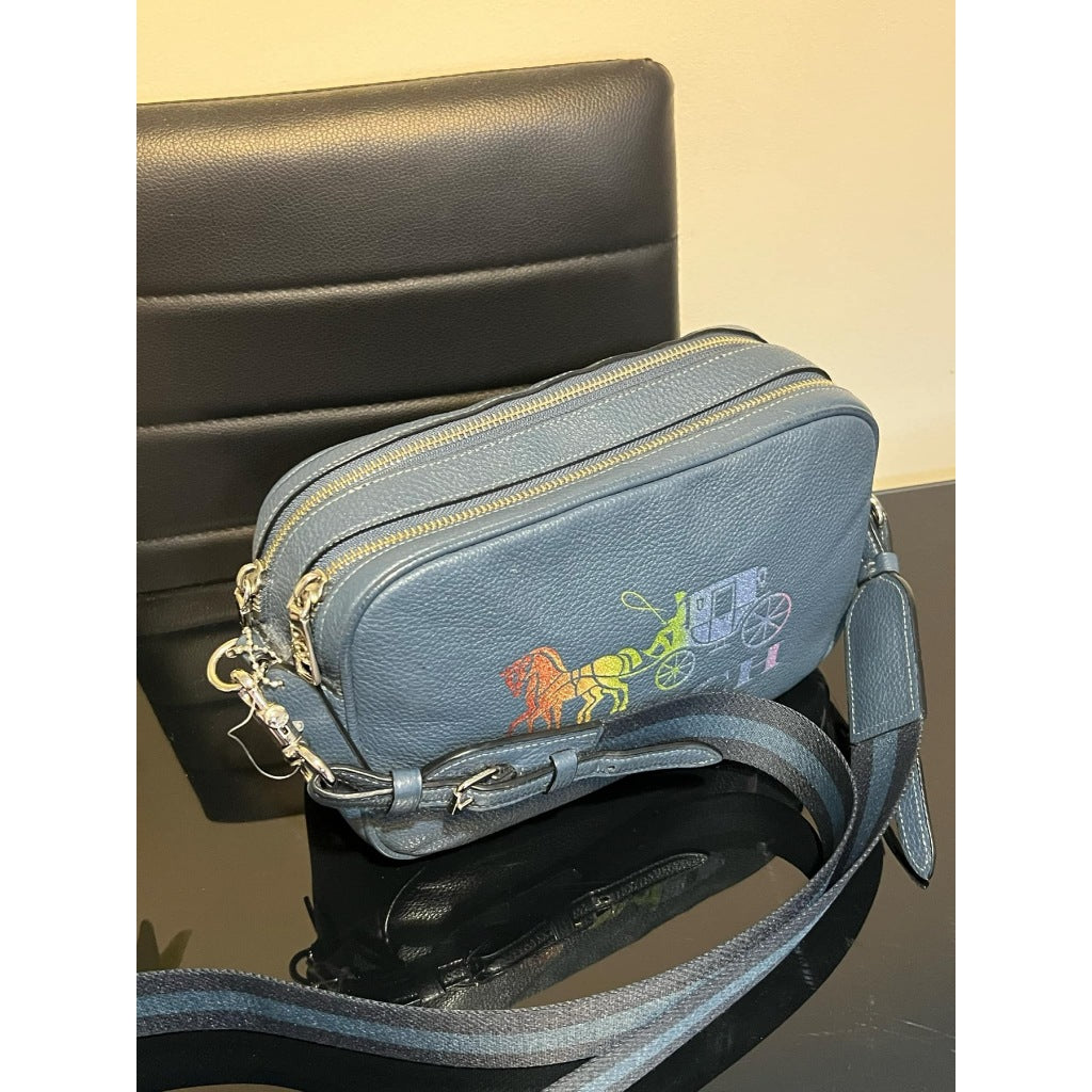 ORIG Preloved CCH Jes Crossbody Medium Double Zip Crossbody Blue Bag with Horse And Carriage