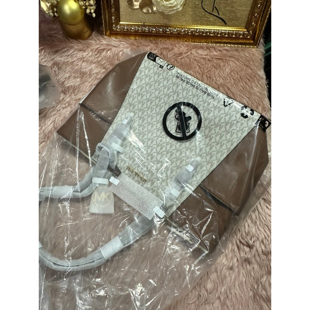 ORIG & IMPORTED MK Charlotte Large Logo and Leather Top-Zip Tote Bag Brown White Black