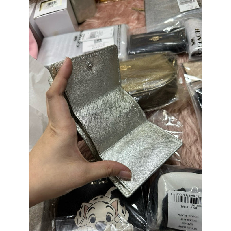 ORIG & IMPORTED WITH FLAW MJ The Snapshot Mini Trifold Wallet in Metallic Silver