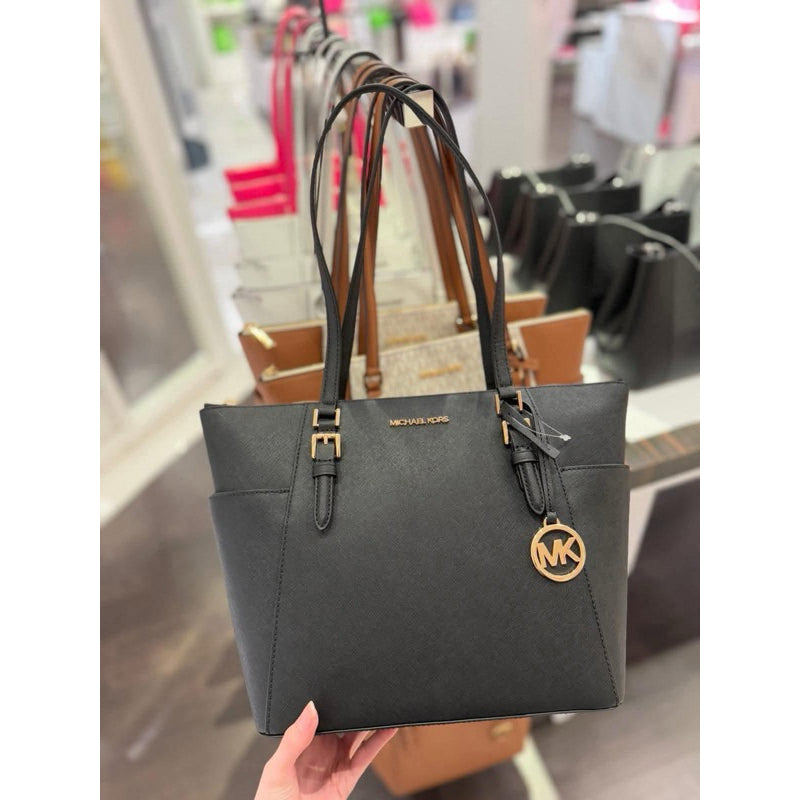 ORIG & IMPORTED MK Charlotte Large Logo and Leather Top-Zip Tote Bag Brown White Black