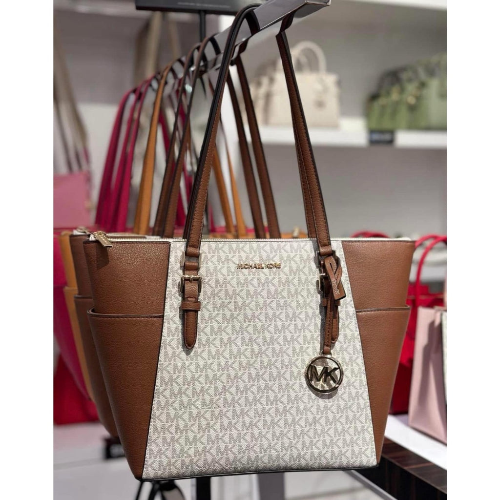 ORIG & IMPORTED MK Charlotte Large Logo and Leather Top-Zip Tote Bag Brown White Black