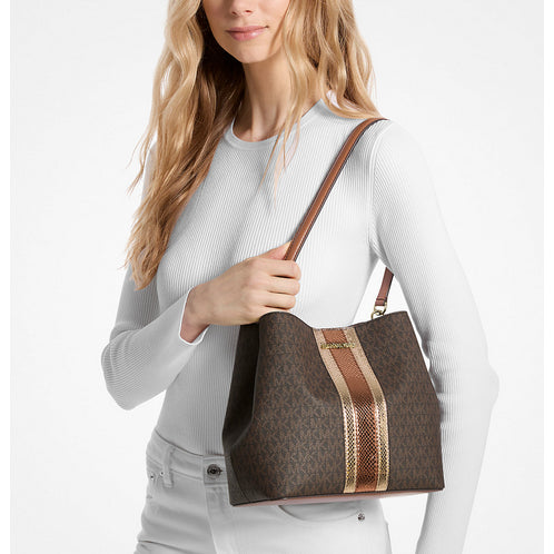 ORIG & IMPORTED MK Pratt Medium Signature Logo and Metallic Shoulder Bag Brown