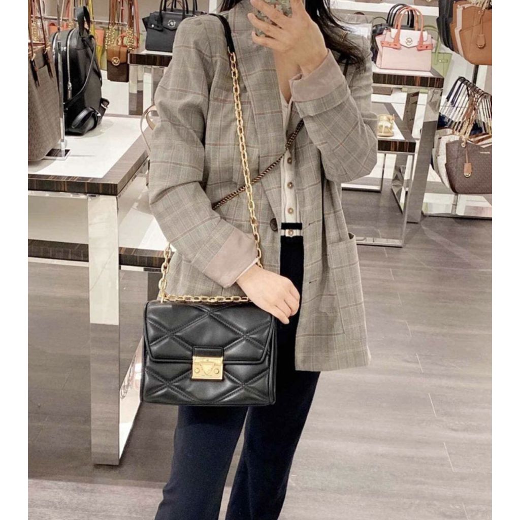 ORIG & IMPORTED WITH FLAW MK Serena Medium Quilted Flap Shoulder Bag Black