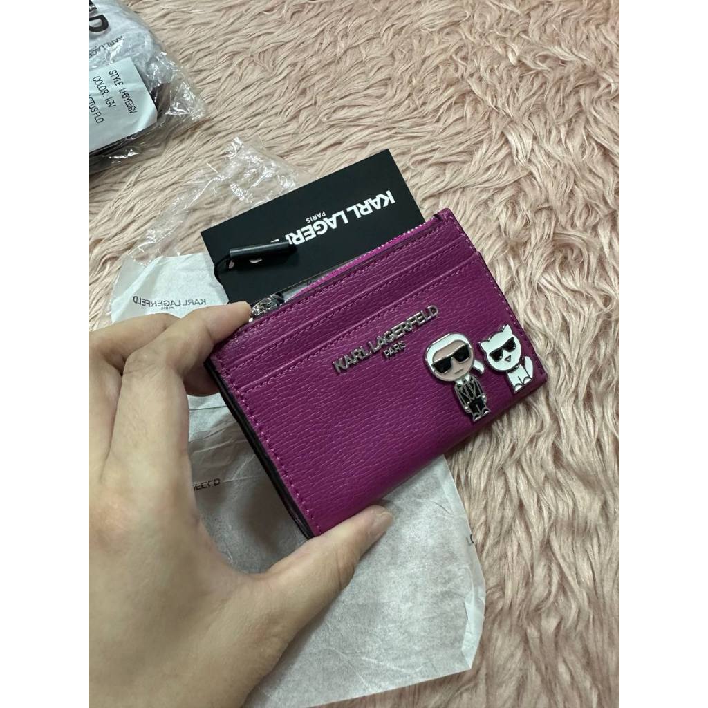 ORIG & IMPORTED Karl Lagerfeld Leather Card Holder Small Slim Wallet Purple Pink