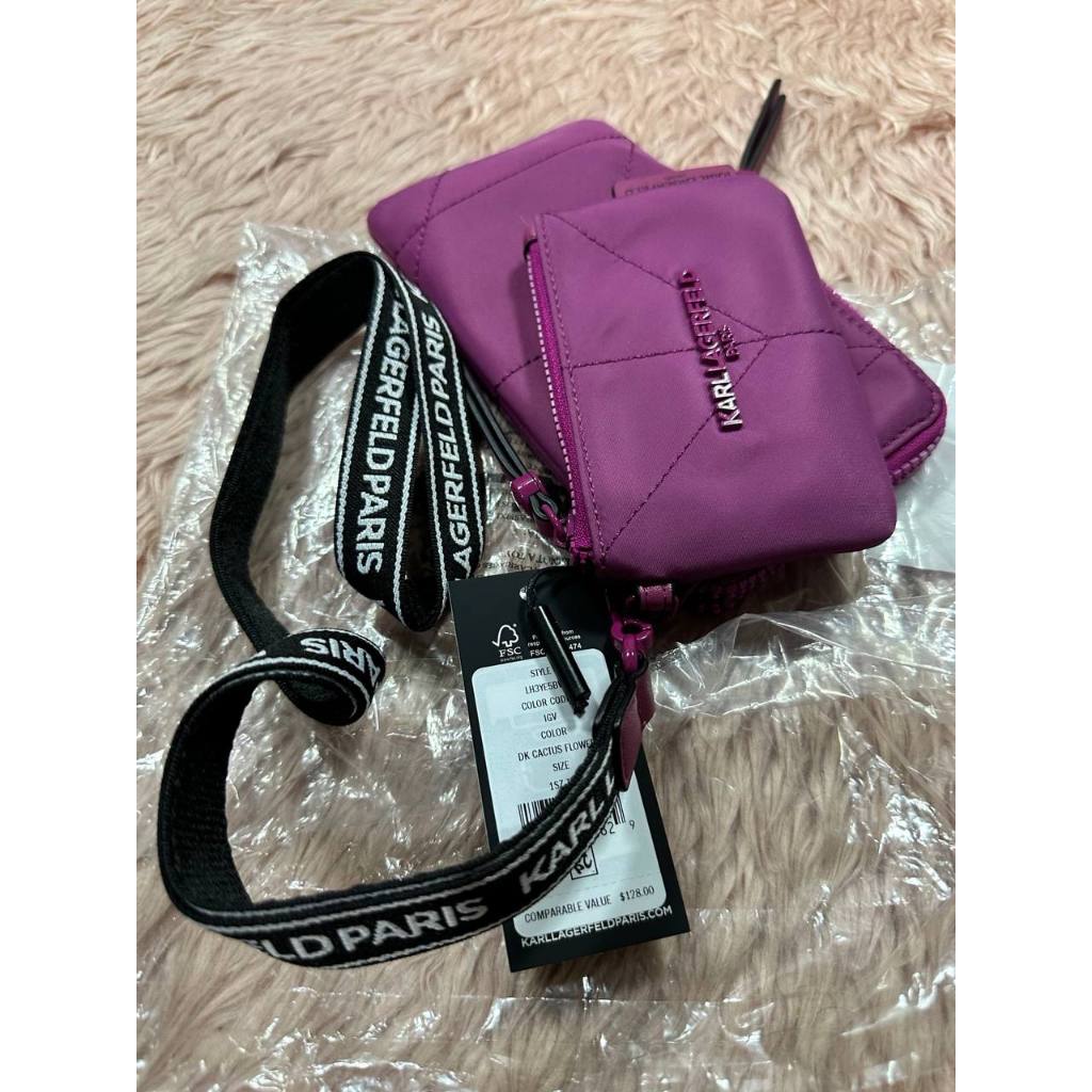 ORIG & IMPORTED Karl Lagerfeld KL Voyage Lanyard Keychain Phone Nylon Wallet Purple Pink