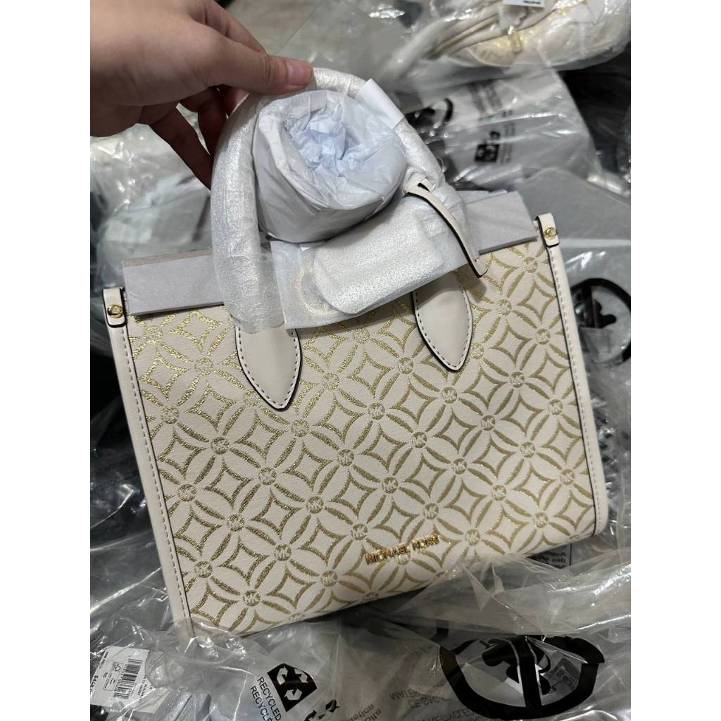 ORIG & IMPORTED MK Small Mirella Satchel Bag Graphic Logo Glitter Ivory White