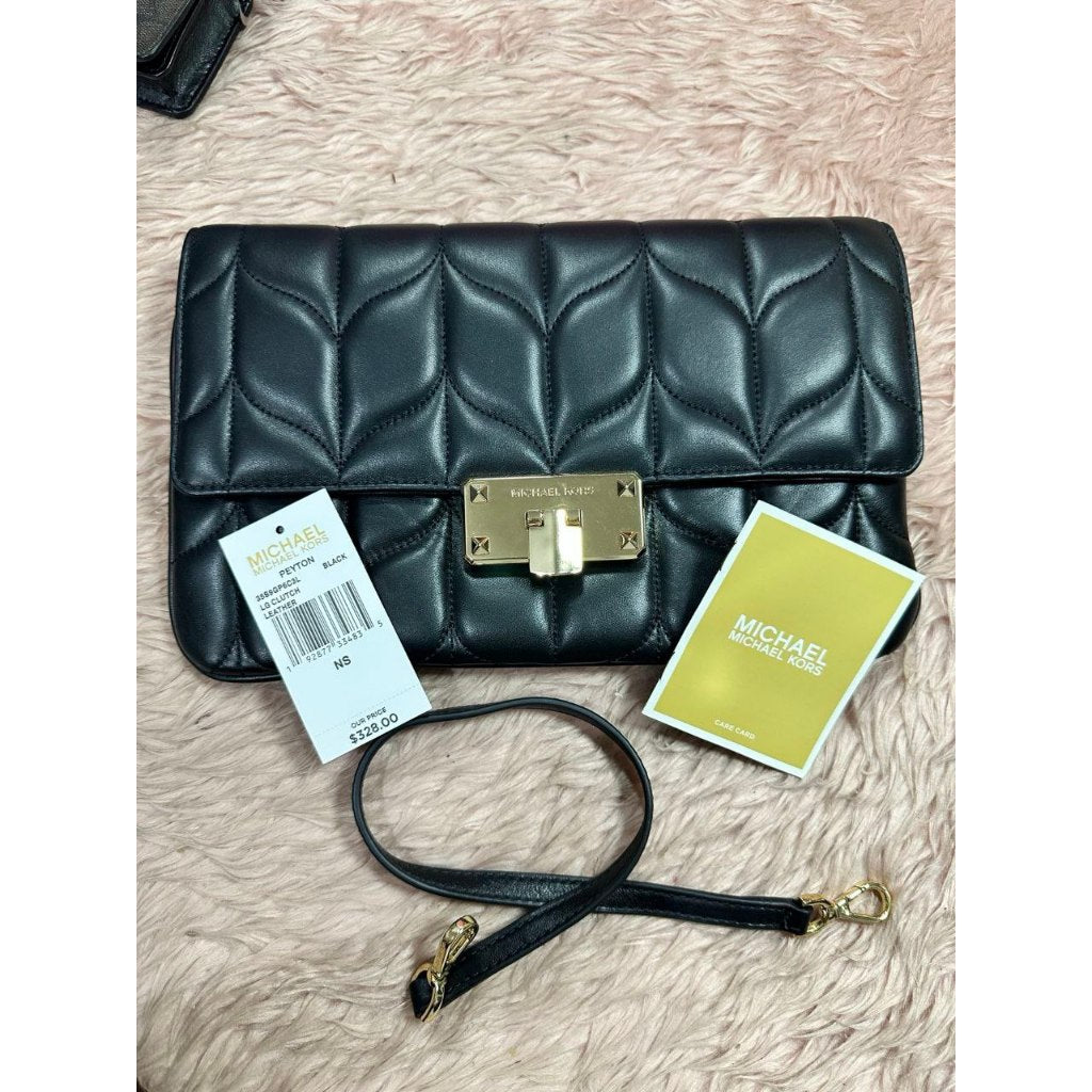 ORIG Preloved MK Peyton Clutch Large Quilted Clutch Shoulder Bag Black