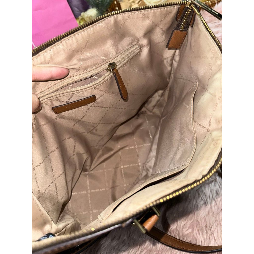 ORIG Preloved MK Charlotte Large Logo and Leather Top-Zip Tote Bag Brown
