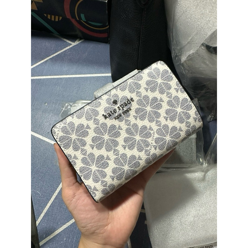 ORIG & IMPORTED KS Signature Spade Flower Medium Compact Bifold Wallet Navy Blue Beige