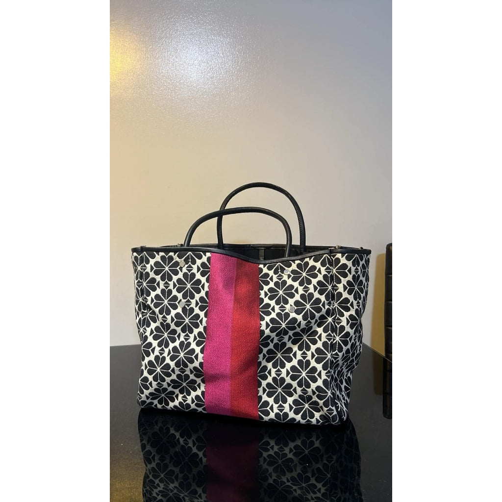 ORIG Preloved KS Retail Spade Flower Jacquard Everything Stripe Medium Tote Pink Black Bag